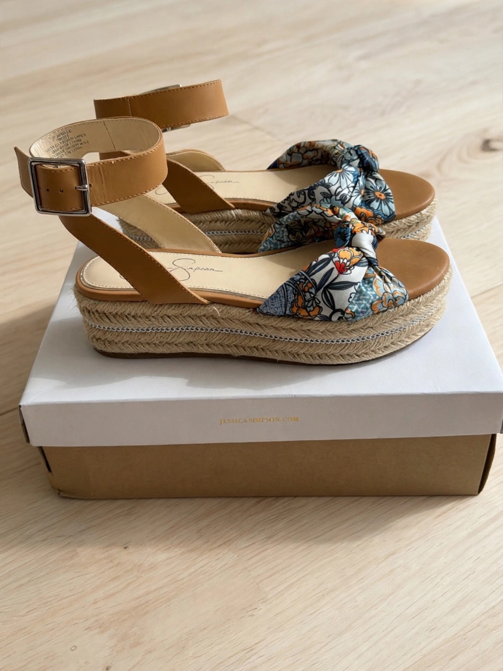 Jessica Simpson Tan Espadrille Platform Sandals with Floral Knot